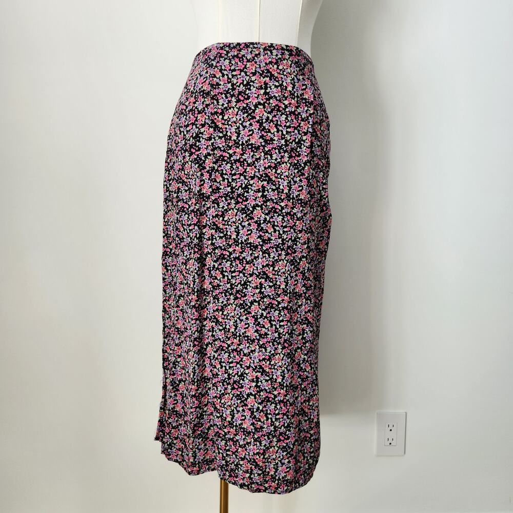 Vintage 90s Black Ditsy Floral Midi Skirt High Waisted A Line Slit Kathie Lee 16